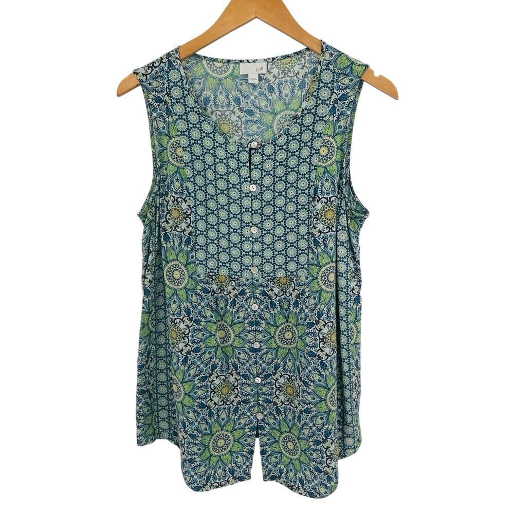 J. Jill scoop neck, teal green print, baby doll style tunic button up size large